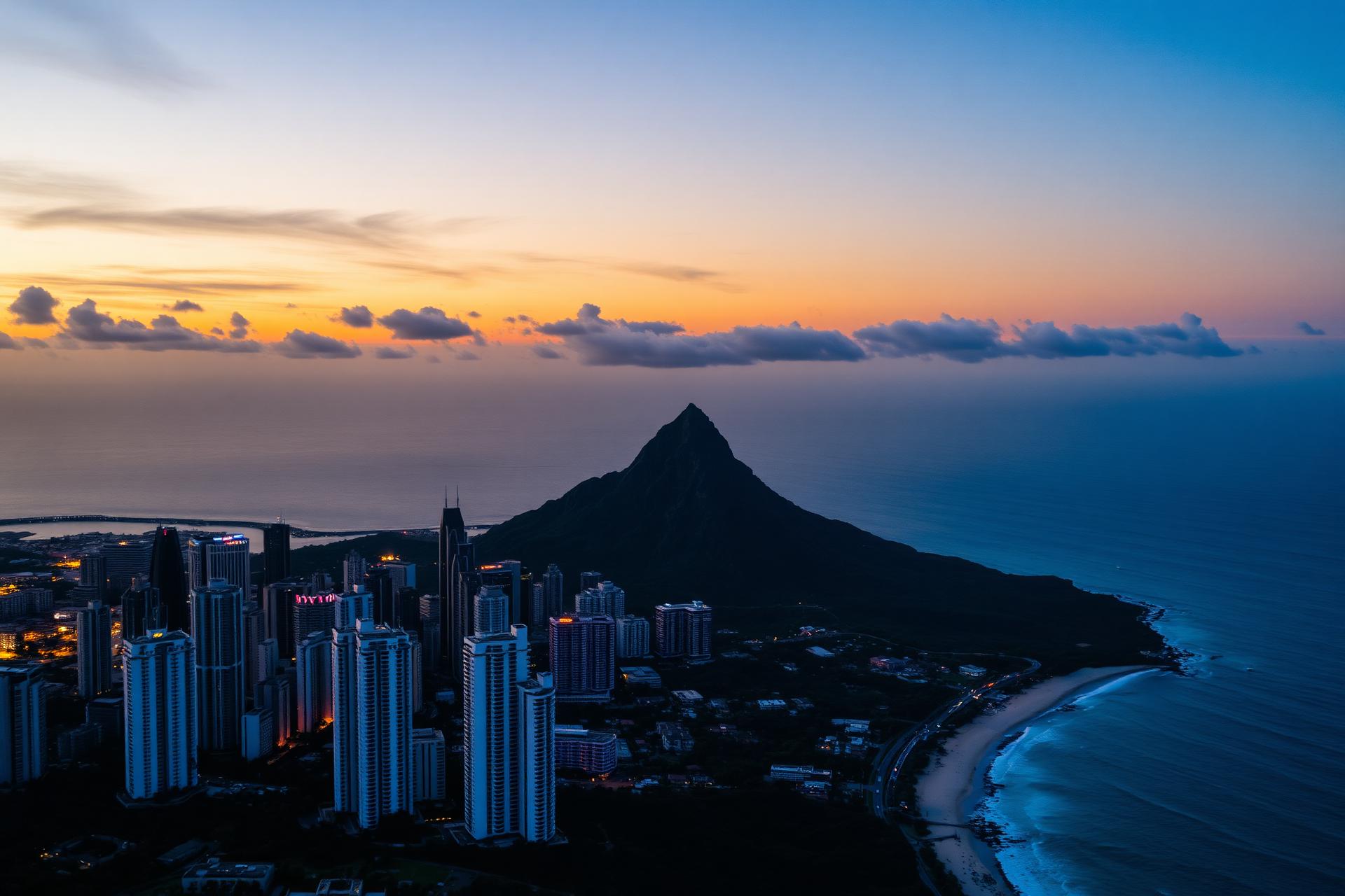 Aerial view of downtown Honolulu at sunset